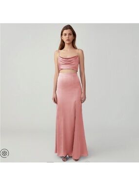 Satin Two-Piece Crop Top & Maxi Skirt Set in Blush Pink